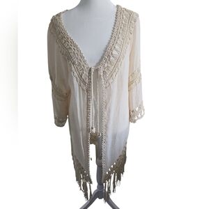 Room Mates Bohemian Western Festival Crochet Fringe Kimono Cover Up Medium